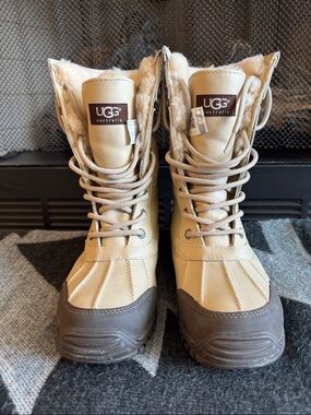 UGG Beige and Brown Shearling Lace-Up Winter Boots